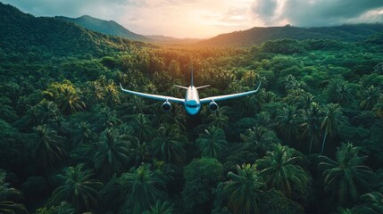 Canvas Print - A plane is flying over a lush green forest