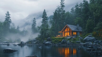 Poster - A cabin is surrounded by trees and a body of water
