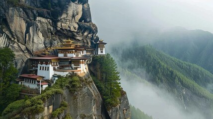 Sticker - A white and gold monastery perches dramatically on a cliffside in a misty mountain landscape.