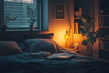 Cozy bedroom with warm light ambiance and relaxing atmosphere during a peaceful evening