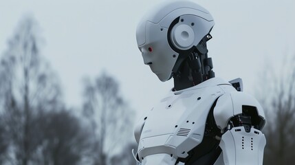 Canvas Print - A white humanoid robot stands with a blurred background of trees.