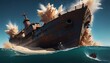 © 4K_Heaven - A close-up slow-motion sequence of a shipwreck being detonated underwater, with metal fragments and sand erupting from the blast, showcasing the dramatic and destructive power, Generative AI