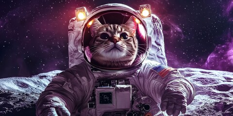 Wall Mural - An astronaut cat hovers around the moon with lights on his helmet and a cute expression on his face