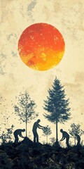 Wall Mural - Volunteers planting trees in a devastated forest area, with a rising sun symbolizing hope in the background. The design is semi-realistic with earthy tones, and space at the top for text