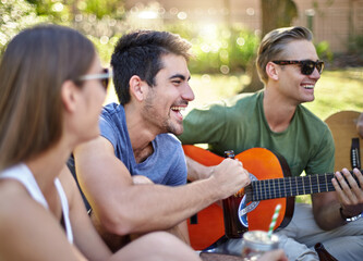 Sticker - Friends, outdoor and park with guitar, conversation and party with music and reunion at picnic. Happy, musician and people on a lawn with weekend fun together in summer with group, chat and drinks