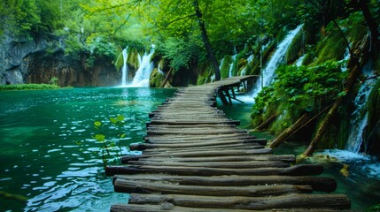 Sticker - A wooden bridge leads through a tranquil waterfall, surrounded by lush greenery.