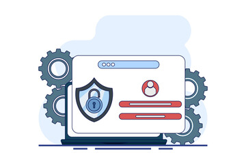 Wall Mural - Device security concept with password access. Analog window with login screen and shield with lock on it. System requiring password for access. Flat vector illustration on background.