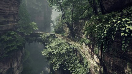 Sticker - A wooden bridge weaves through a lush green canyon, shrouded in mist.