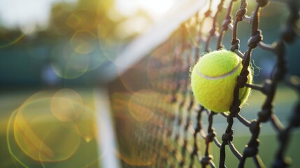 Tennis ball on net with bokeh background.