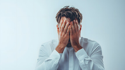 Canvas Print - Emotion of stress or despair. Portrait of overstressed business man covering face with his hands isolated. 