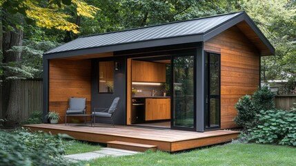 Poster - A small wooden house with a black roof and a kitchen