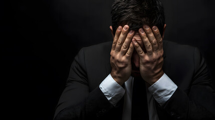 Canvas Print - Emotion of stress or despair. Portrait of overstressed business man covering face with his hands isolated. 