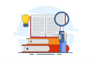 book reference concept, library, stack of books and light bulb. literature, educational design, idea, brainstorming, education and reading. Ideas and inspiration. Symbol or icon. vector illustration.