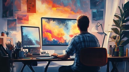 Poster - a person creating digital art at their workspace during a colorful sunset in a cozy studio with plan