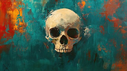 Wall Mural - Oil Painting of a Human Skull on a Green and Orange Background