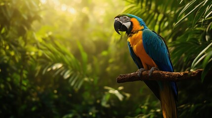 Sticker - Blue and Gold Macaw in a Lush Tropical Setting