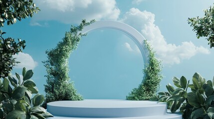 Poster - Minimalist Nature Showcase Podium with Organic Arch and Foliage Backdrop