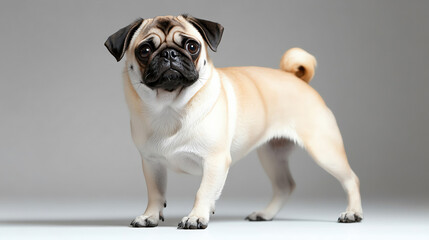 Playful pug standing confidently. This adorable breed is known for its charming personality and distinctive wrinkled face.