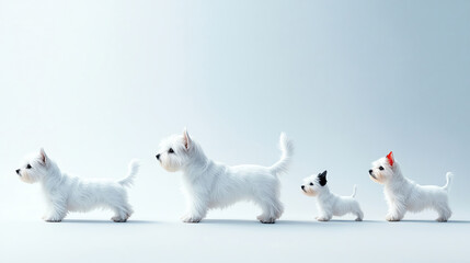 A charming lineup of adorable white dogs, showcasing their playful nature and unique personalities in a minimalistic setting.