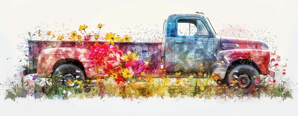 Colorful vintage truck surrounded by vibrant flowers on a bright background