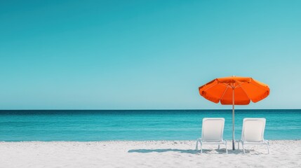 this tranquil image captures two empty white chairs under a vibrant orange parasol on a pristine bea