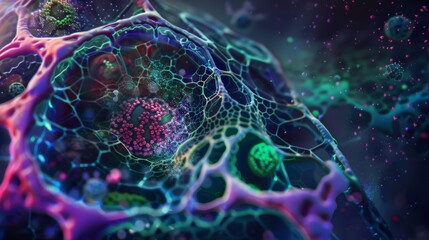 Wall Mural - Abstract 3D render of a colorful, bio-like structure with glowing particles.