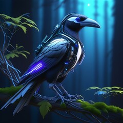 cybernetic magpie perched on a branch | cyborg, robot, futuristic, bird, ornithology, wildlife | gen