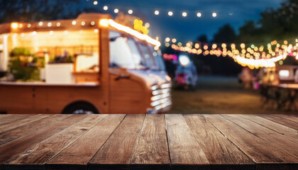 City Festival Table and Food Truck, Blurred Background Focus