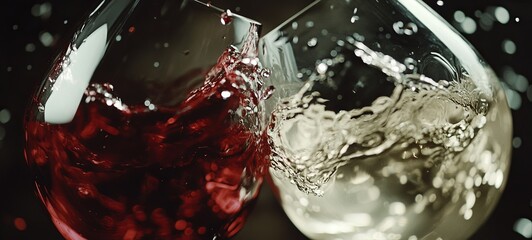 Super slow-motion footage of red and white wine clinking at 1000 frames per second. 