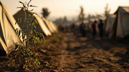 Internally displaced people in a newly established IDP camp, where they begin to rebuild their lives amidst uncertainty, internally displaced people, concept of new beginnings