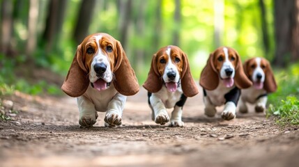 Wall Mural - Three dogs are running on a dirt road