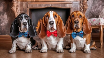 Three dogs are sitting in front of a fireplace, each wearing a bow tie