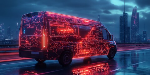 Poster - Discover the innovative selfdriving delivery vans for efficient urban package transport. Track them with a smartphone app, enhancing logistics and boosting operational efficiency