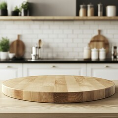 Empty beautiful round wood tabletop counter on interior in clean and bright kitchen background, Ready for display, Banner, for product montage .generative ai