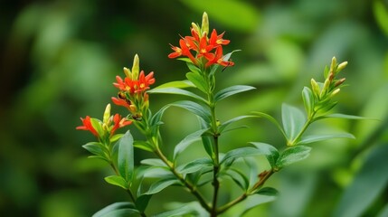 Wall Mural - Blooming Red Flowers on a Lush Green Branch