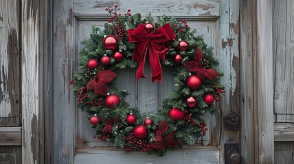 This elegant scene features a lush green wreath adorned with vibrant red bows and shiny baubles, beautifully placed on a rustic wooden door, inviting guests into a cozy holiday setting.