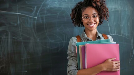 Wall Mural - A young woman with curly hair is holding a stack of books and smiling