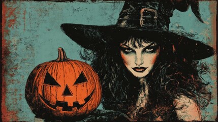 Halloween concept, pumpkins scary invitation card, banner, wallpaper, abstract art, blackwitch with orange pumpkin