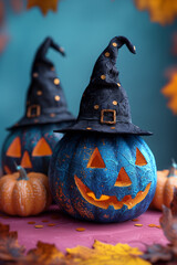 Two blue jack-o-lanterns wearing witch hats, surrounded by small orange pumpkins on a colorful surface.