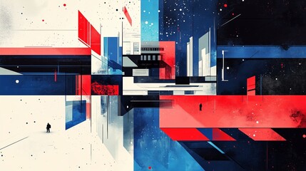 Poster - Colorful abstract urban landscape with geometric shapes and a lone figure walking in a futuristic setting during twilight
