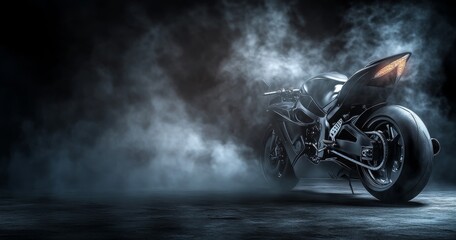 The rear of a modern and sports motorcycle is black and there is smoke in the background (3D illustration)