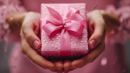 Wall Mural - The child's hands hold a beautiful gift box with a ribbon and white tulips. Top view, close-up. Happy mother's day.