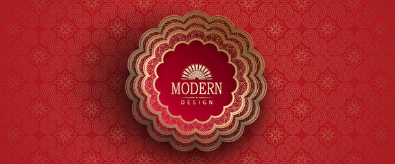 Wall Mural - A gorgeous textured red card with a round frame with a gold border.