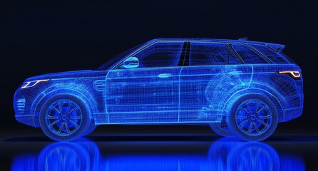 Sticker - Wireframe of modern car with user interface, concept scene (3D Illustration)