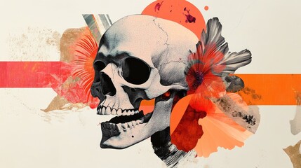 Wall Mural - Skull and Flower in Abstract Red, Orange, and Black Collage