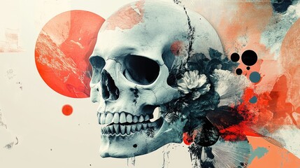 Poster - Abstract Skull with Floral Elements and Watercolor Splatter