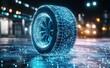 © DZMITRY - Sports car tyre technology concept with wireframe intersection of the rims (3D illustration).