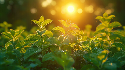 Poster - Morning Sunlight on Dew-Kissed Mint Leaves in Vibrant Green Garden