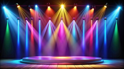 Aufkleber - Empty stage with colorful spotlights for scene lighting effects, perfect for product displays or montages, stage