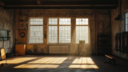 Sticker - Sunlight streaming through the window in an old abandoned building.